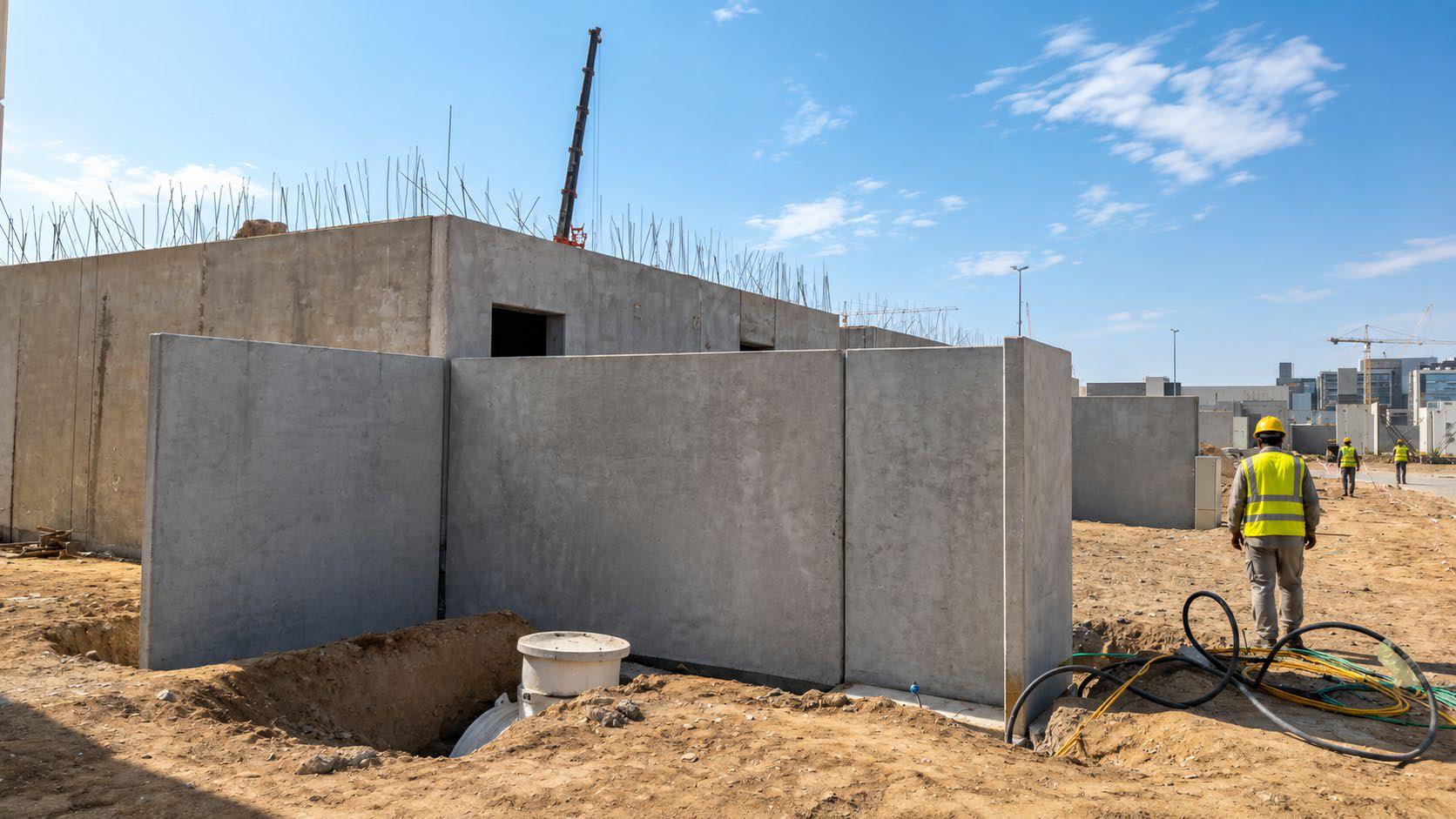 Precast boundary wall panels being erected at Al Arous villas development for Roshn